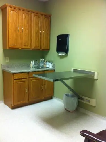 A small examination room inside Houston Lake Animal Hospital. The room is clean and well lit with a small metal table in the center of the room.